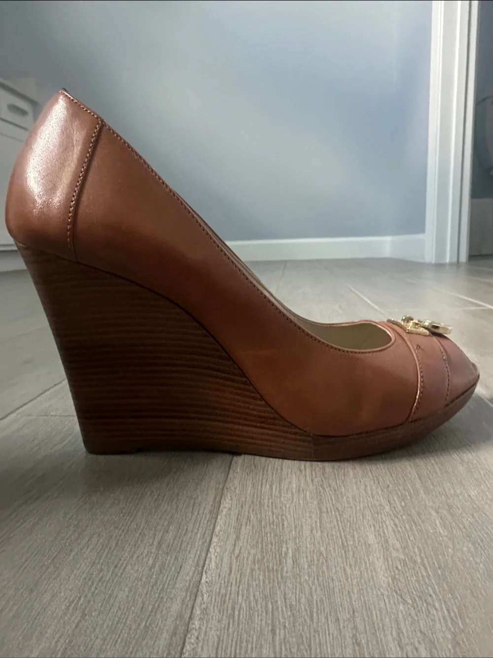 Michael Kors Cognac Leather Peep-Toe Platform Pumps with Gold Emblem
